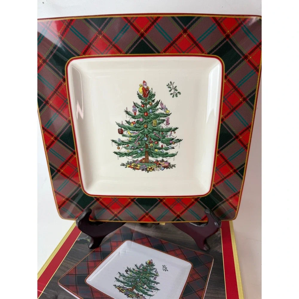 Spode Christmas Tree Tartan Square Platter 10in Red‎ Green Plaid
